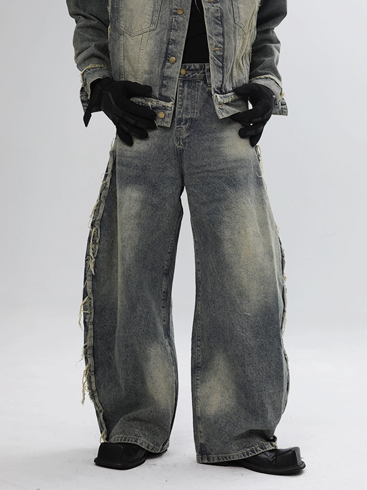 Fringe Curved Hem Wide Leg Denim Jeans WN18623