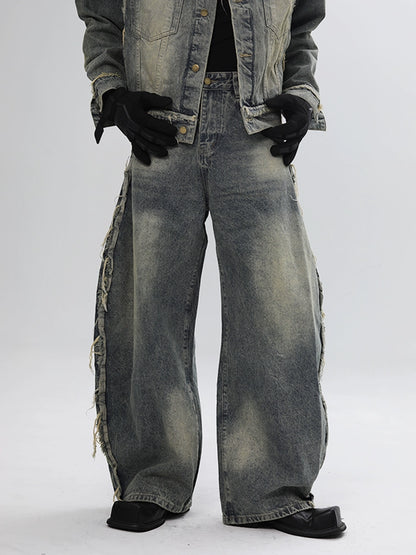 Fringe Curved Hem Wide Leg Denim Jeans WN18623