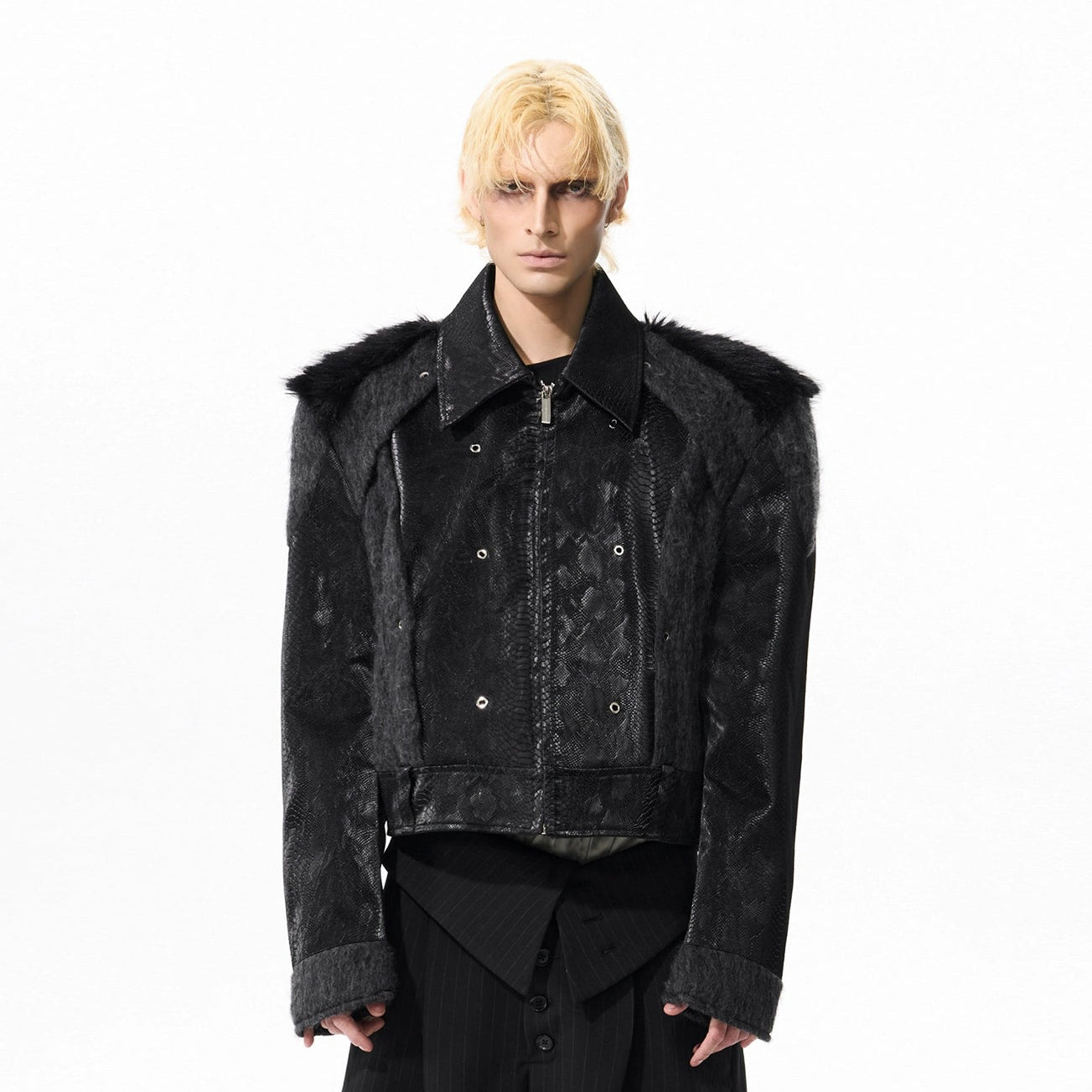 Fake Fur Mix Snake Texture PU Leather Jacket WN21781