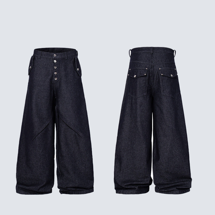Multi-Button Deconstructed Draped Wide Leg Denim Jeans WN27903