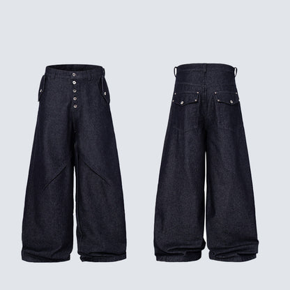 Multi-Button Deconstructed Draped Wide Leg Denim Jeans WN27903
