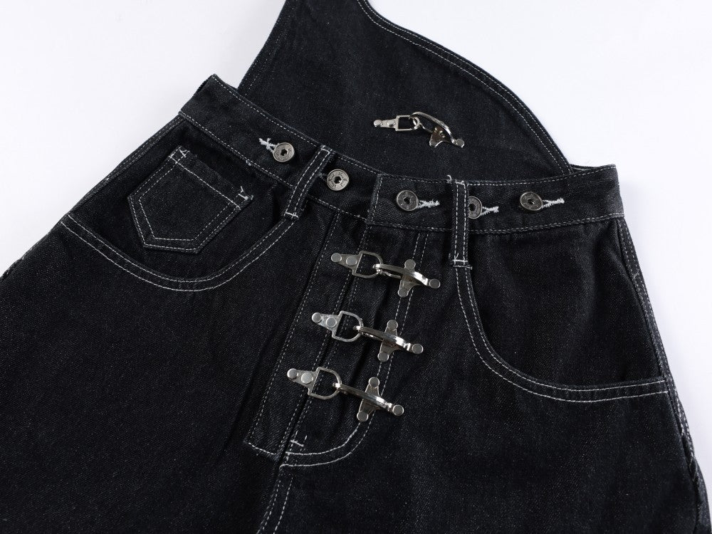 Detachable Suspender Buckle High Waist Wide Leg Denim Jeans WN28001