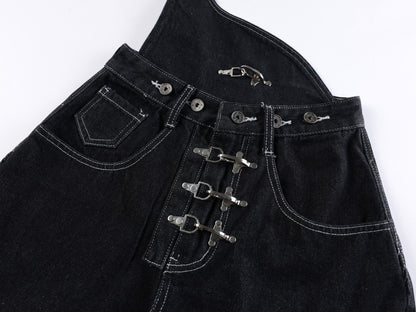 Detachable Suspender Buckle High Waist Wide Leg Denim Jeans WN28001