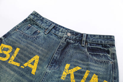 Washed Multi Pocket Letter Print Denim Half Jeans WN25994
