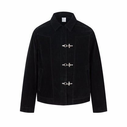 Washed Metal Buckle Button Suede Jacket WN24480