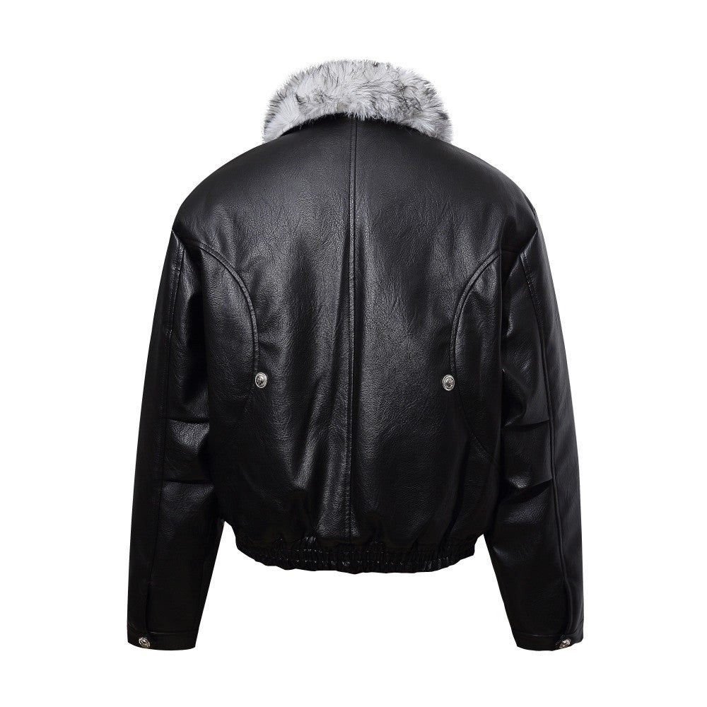 Fake Fur Collar Studs Detail PU Leather Jacket WN28095