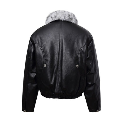 Fake Fur Collar Studs Detail PU Leather Jacket WN28095