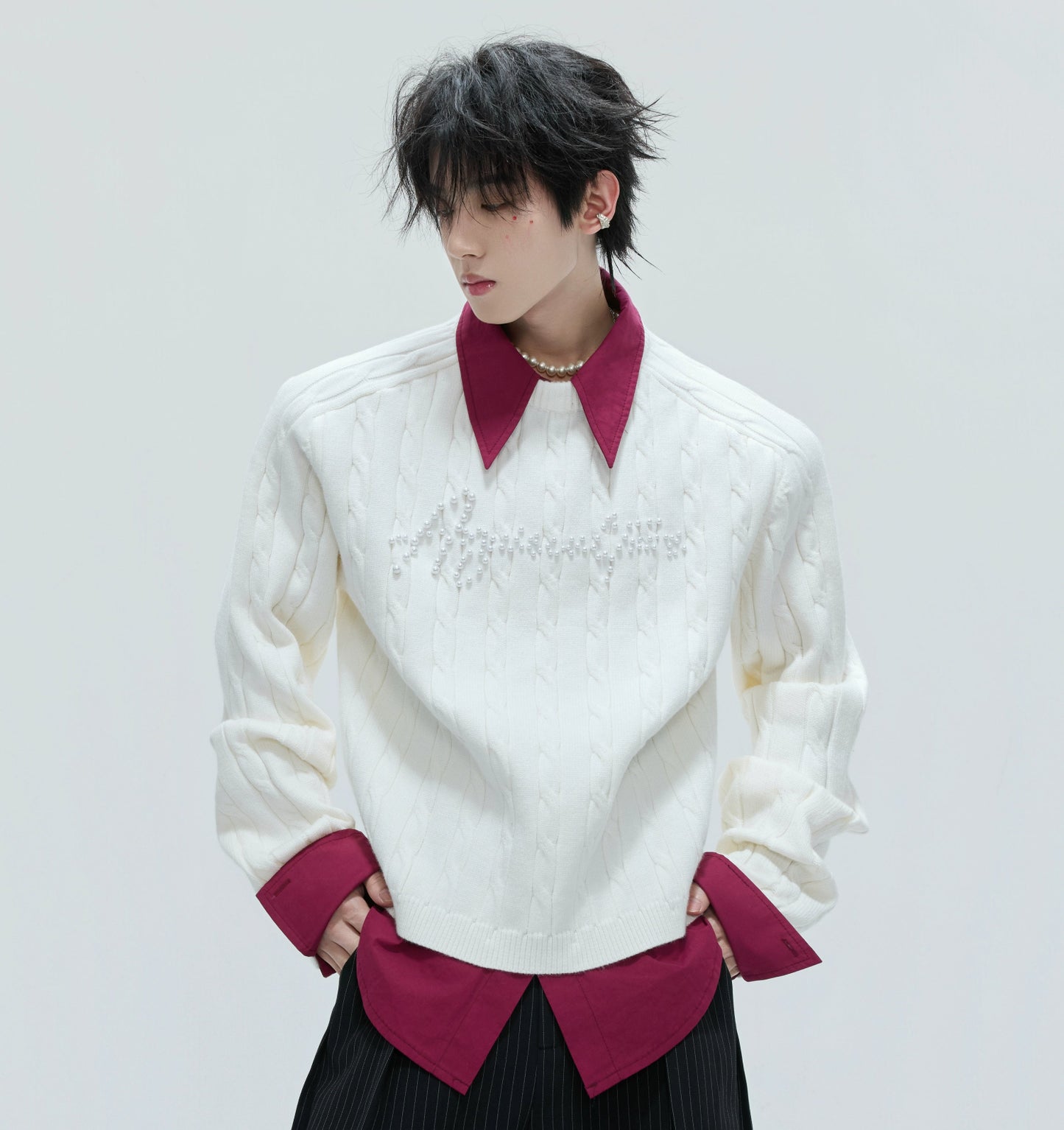 Fake Layered Pearl Embellished Thick Knit Sweater WN21721