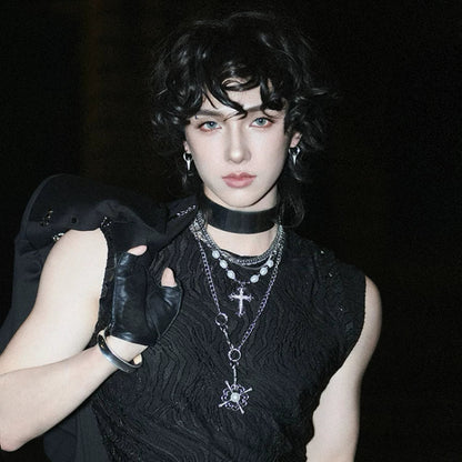 WN25091 Yang Yifan trendy brand necklace, versatile and personalized men's necklace, pendant, hip-hop street fashion, metal pearl cross WN25091
