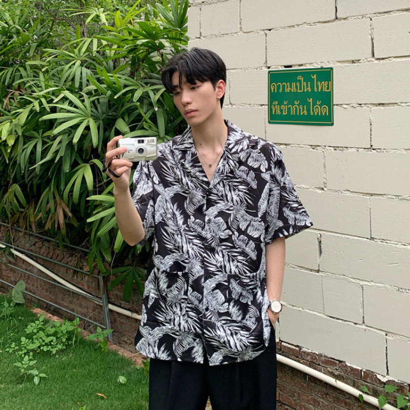 Leaf Print Open Collar Short Sleeve Shirt WN24882