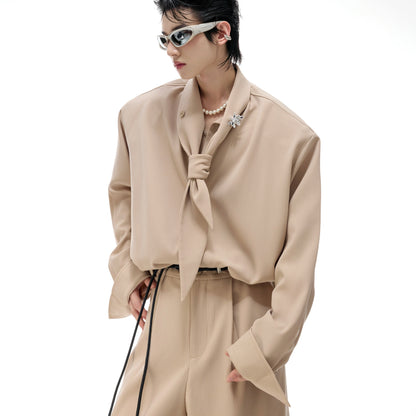 Ribbon Tie Shoulder-Pad Long Sleeve Shirt & Wide Leg Pants Setup WN20528