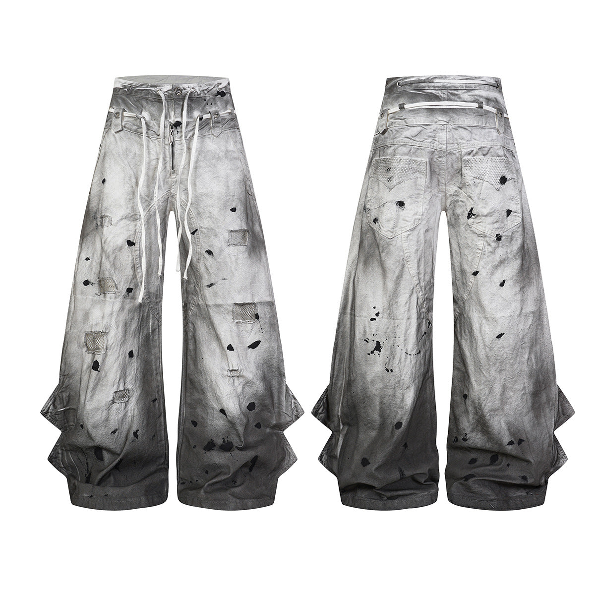 Gradient Washed Damage Double-Waist Wide Leg Pants WN25617