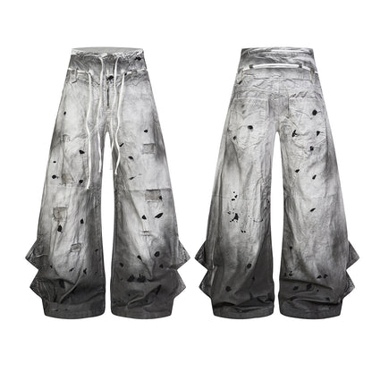 Gradient Washed Damage Double-Waist Wide Leg Pants WN25617