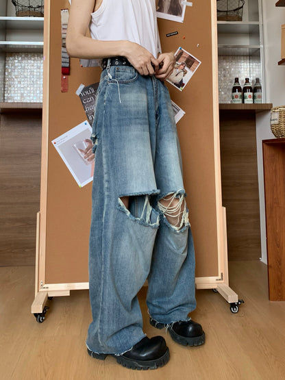 Raw Edge Wash Damage Wide Leg Denim Jeans WN19763