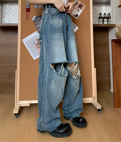 Raw Edge Wash Damage Wide Leg Denim Jeans WN19763