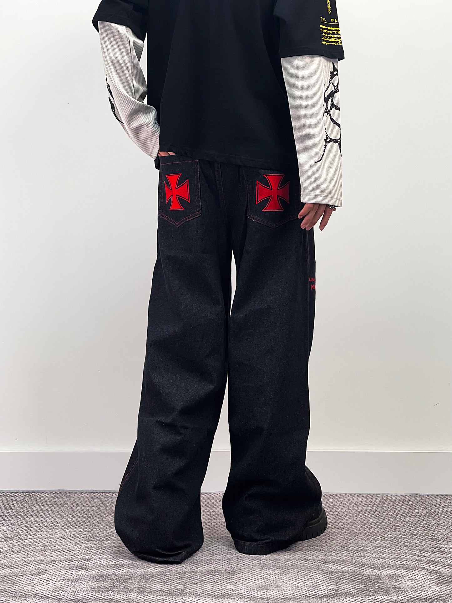 Cross Letter Embroidery Straight Denim Jeans WN24270