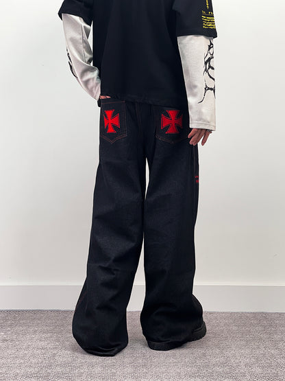 Cross Letter Embroidery Straight Denim Jeans WN24270