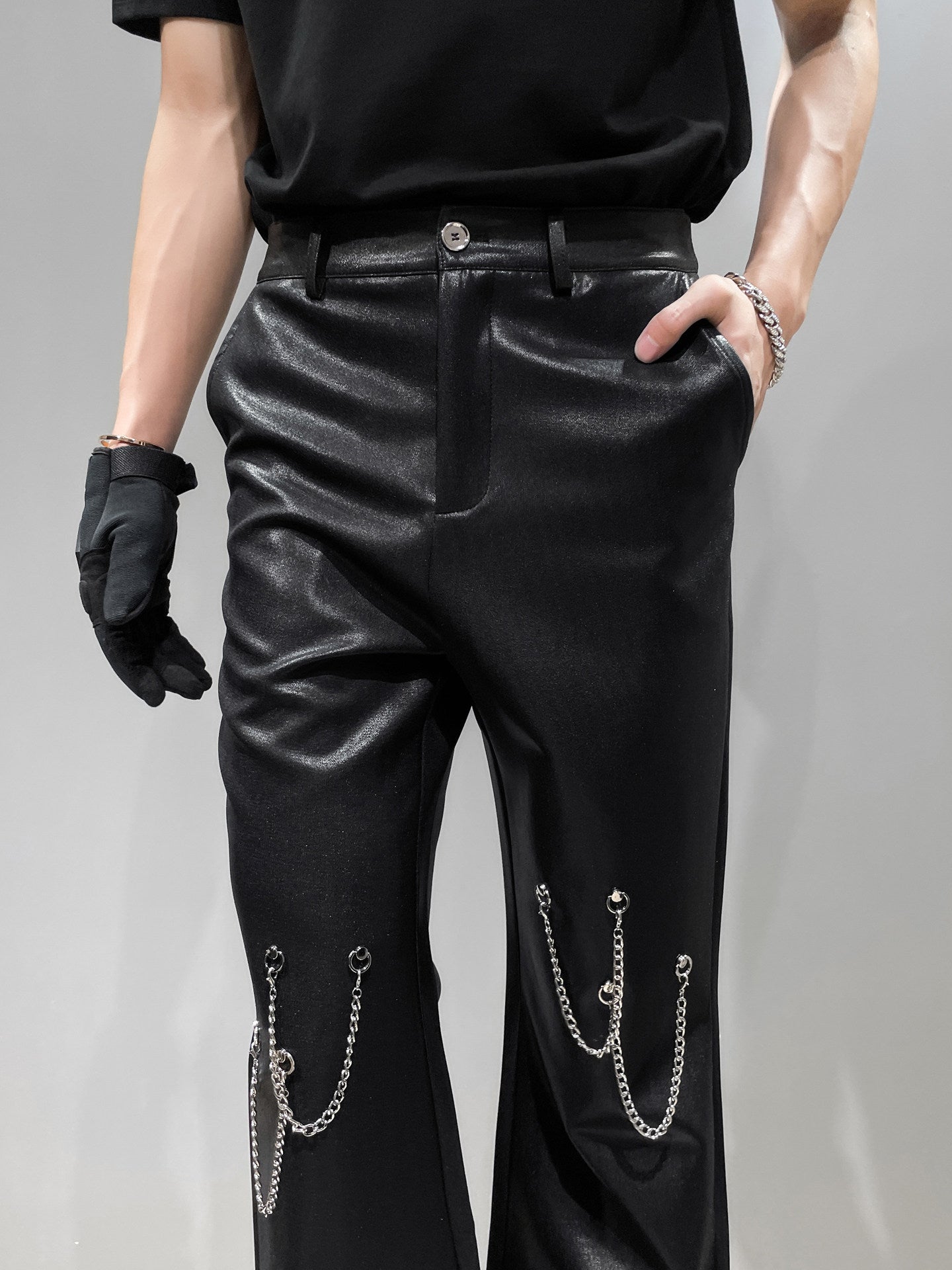 Metal Chain Rhinestone Bead Flare Wide Leg Pants WN23930