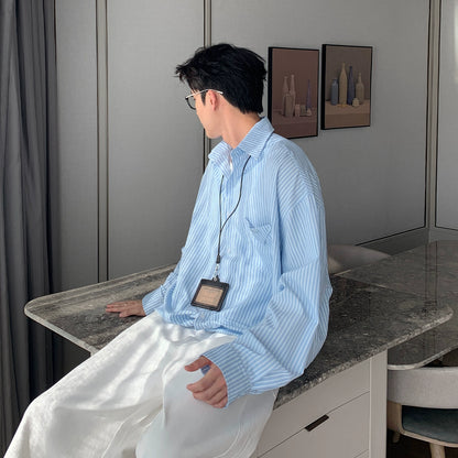 Vertical Stripe Waist-Fit Cotton Long Sleeve Shirt WN20474