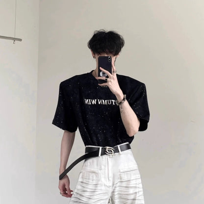 Metal Design Shoulder-Pad Short Sleeve T-Shirt WN20337