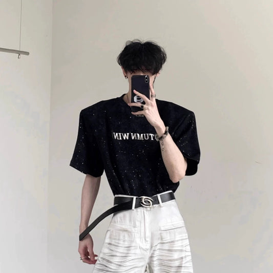 Metal Design Shoulder-Pad Short Sleeve T-Shirt WN20337