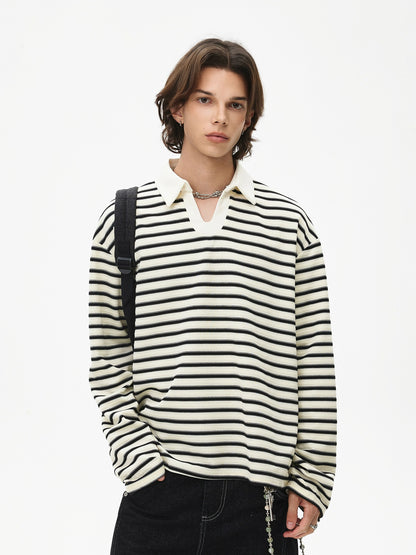 Stripe Polo-Collar Knit Long Sleeve Polo Shirt WN21448
