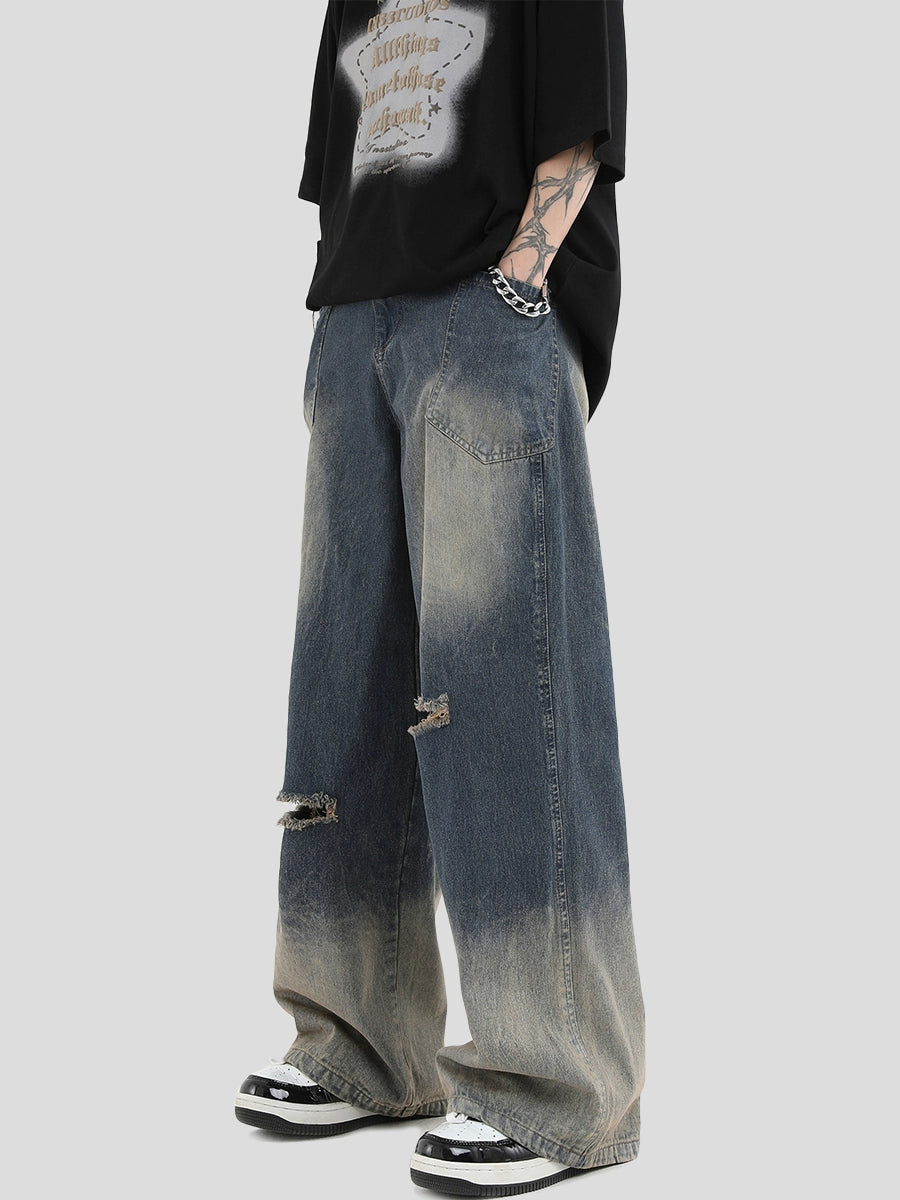 Washed Gradual Damage Wide-Leg Straight Denim Jeans WN7233