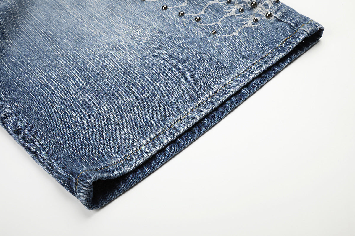 Embroidery Bead Wide Leg Short Denim Pants WN25628