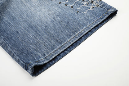 Embroidery Bead Wide Leg Short Denim Pants WN25628