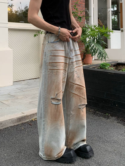 Mud Dye Damage Wash Wide Leg Denim Jeans WN19921