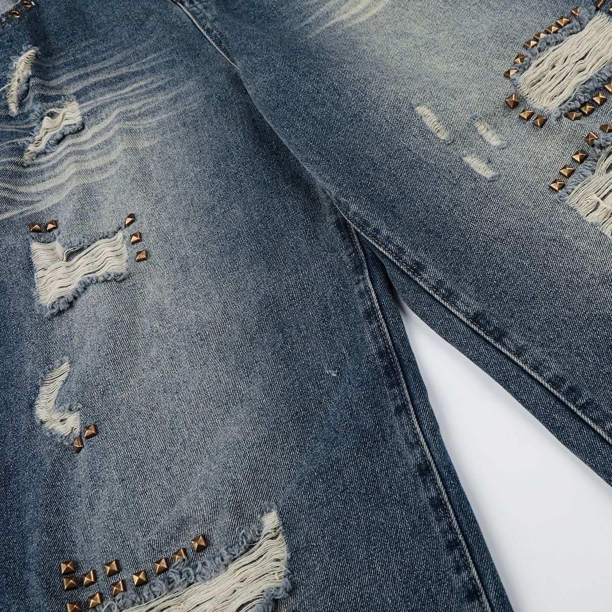 Wash Rivet Damage Wide Leg Denim Jeans WN25573