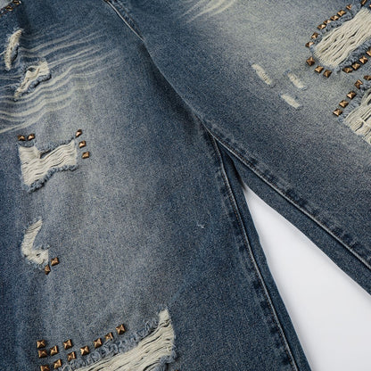 Wash Rivet Damage Wide Leg Denim Jeans WN25573