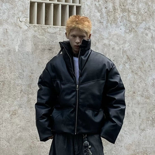 Stand Neck Short Thick PU Leather Puffer Jacket WN22233