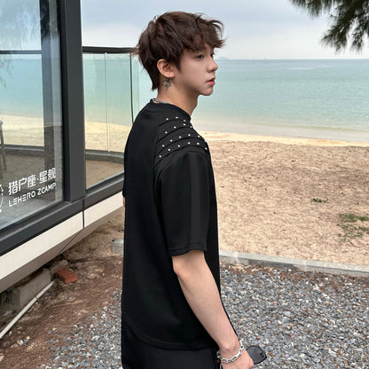 Rivet Pleats Shoulder-pad Heavyweight Oversize Short Sleeve T-Shirt WN25254