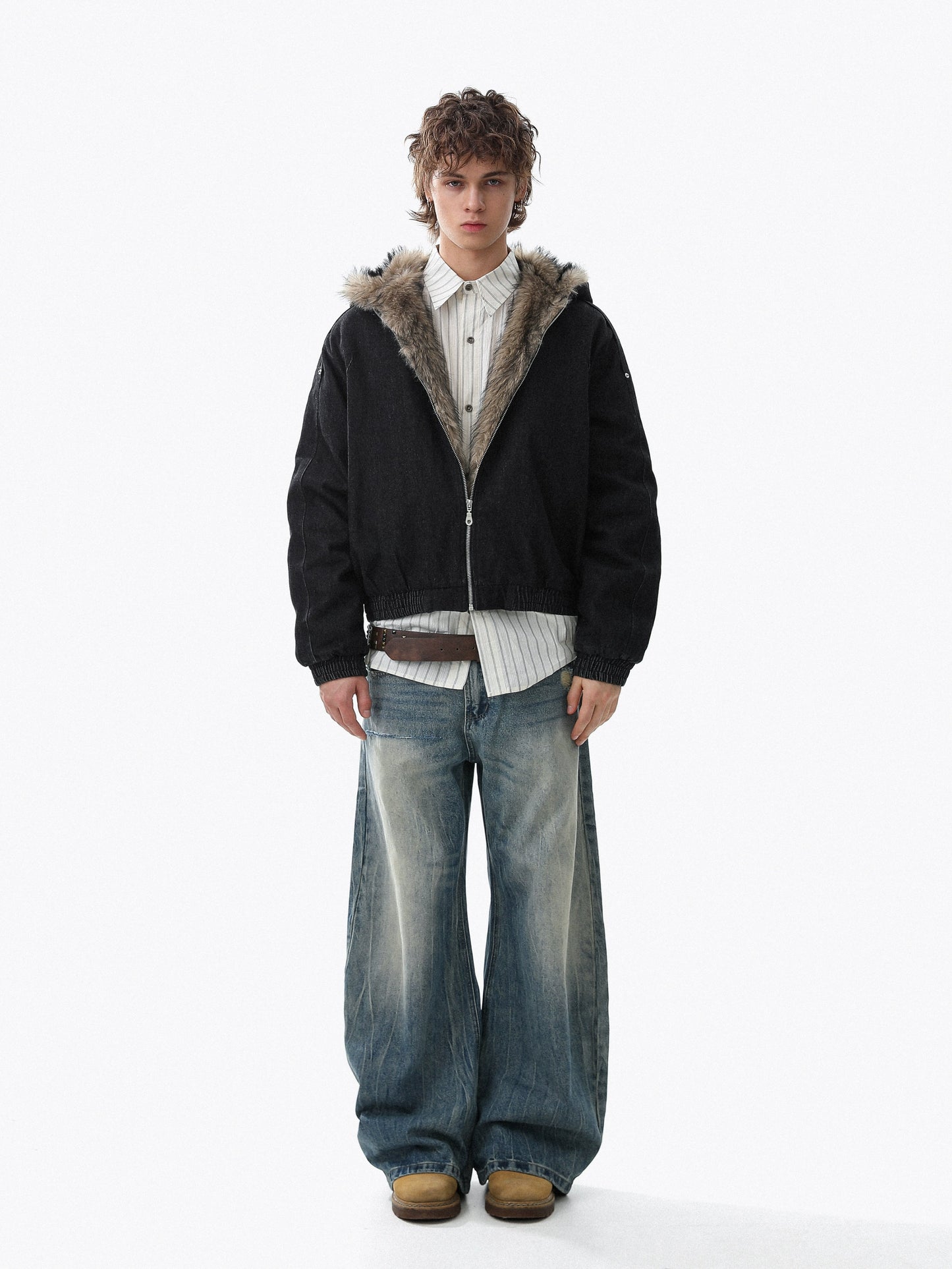 Fake Fur-Collar Deconstructed Thick Denim Jacket WN22110