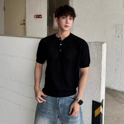 Openwork Texture Henley Neck Slim Knit T-shirt WN25249