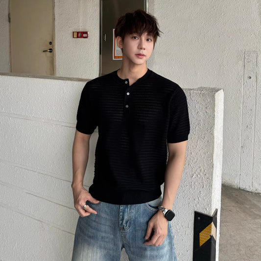Openwork Texture Henley Neck Slim Knit T-shirt WN25249