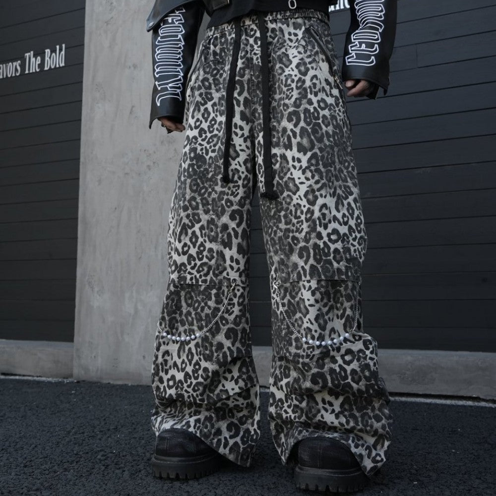 Leopard Studs Chain Detail Wide Leg Cargo Pants WN28012