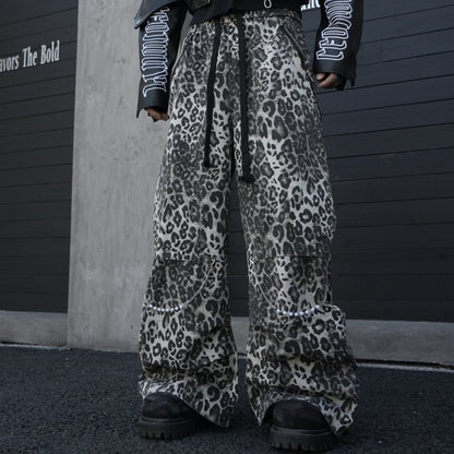 Leopard Studs Chain Detail Wide Leg Cargo Pants WN28012