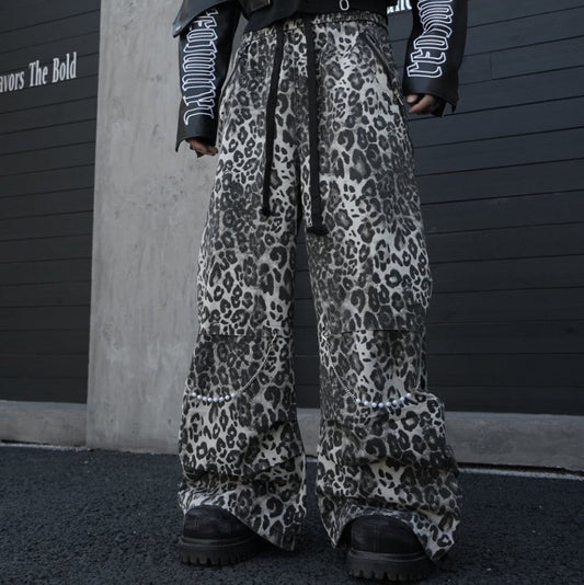 Leopard Studs Chain Detail Wide Leg Cargo Pants WN28012