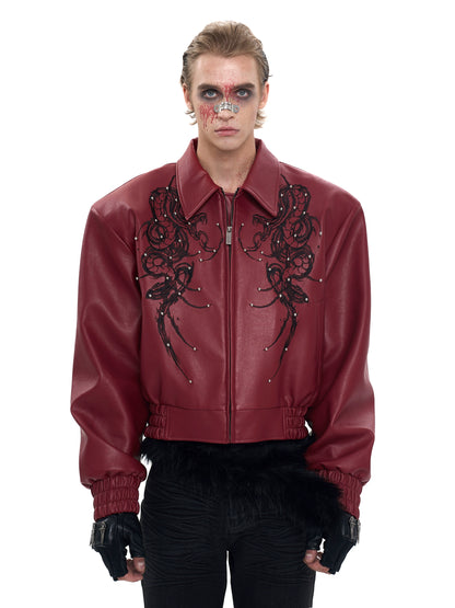 Thorn Embroidery Beaded Oversize PU Leather Jacket WN20385