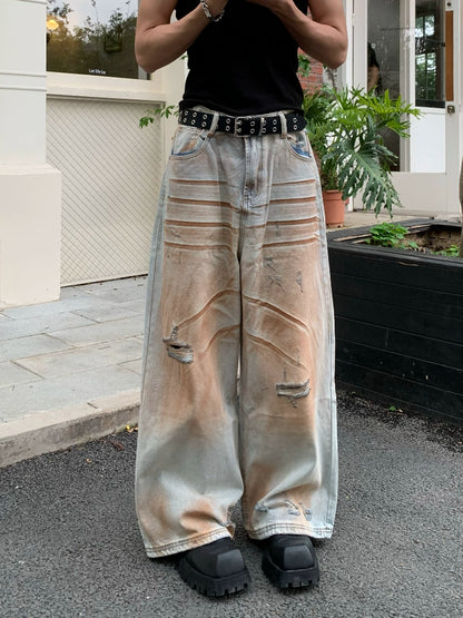 Mud Dye Damage Wash Wide Leg Denim Jeans WN19921