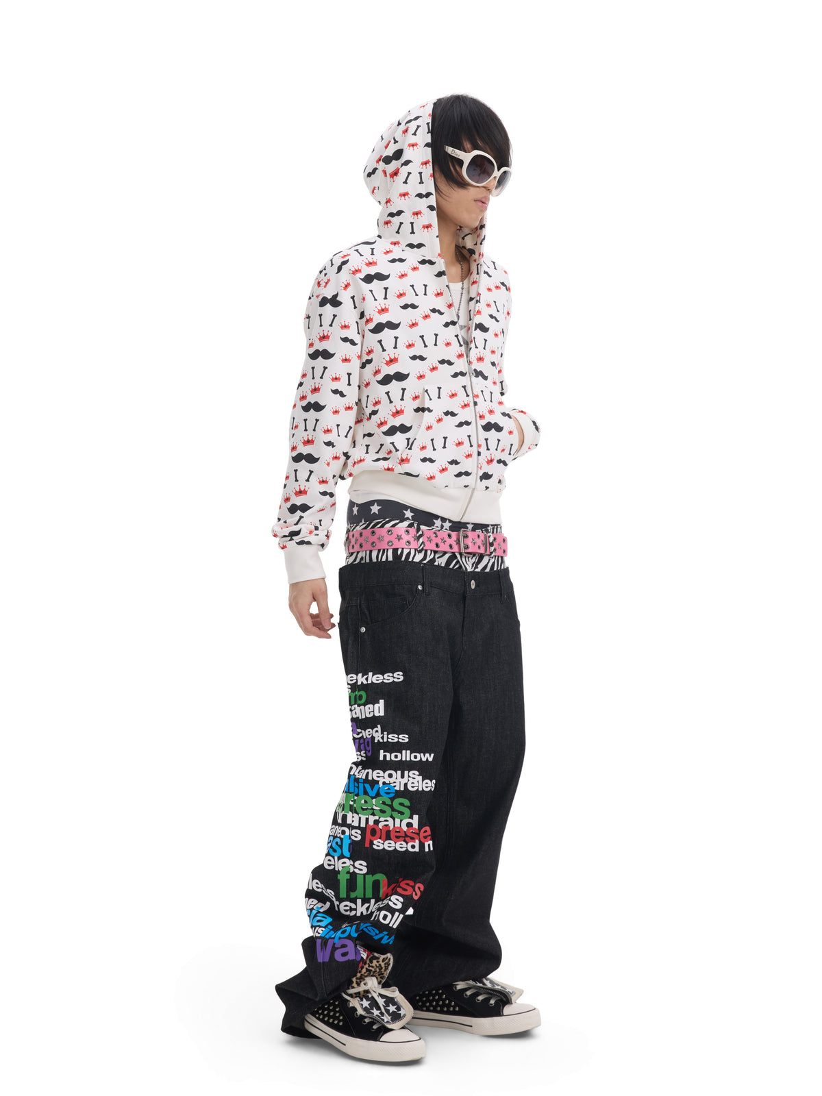 Double Waist Zebra Letter Print Wide Leg Denim Jeans WN27204