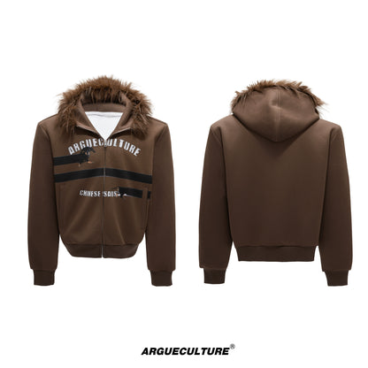 Fake Fur Collar Letter Print Zipper Hoodie WN21749