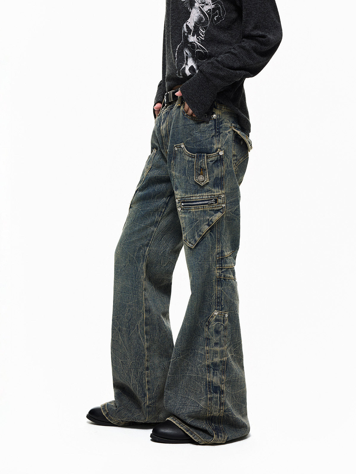Multi-Pocket Panel Washed Wide Leg Denim Jeans WN27345
