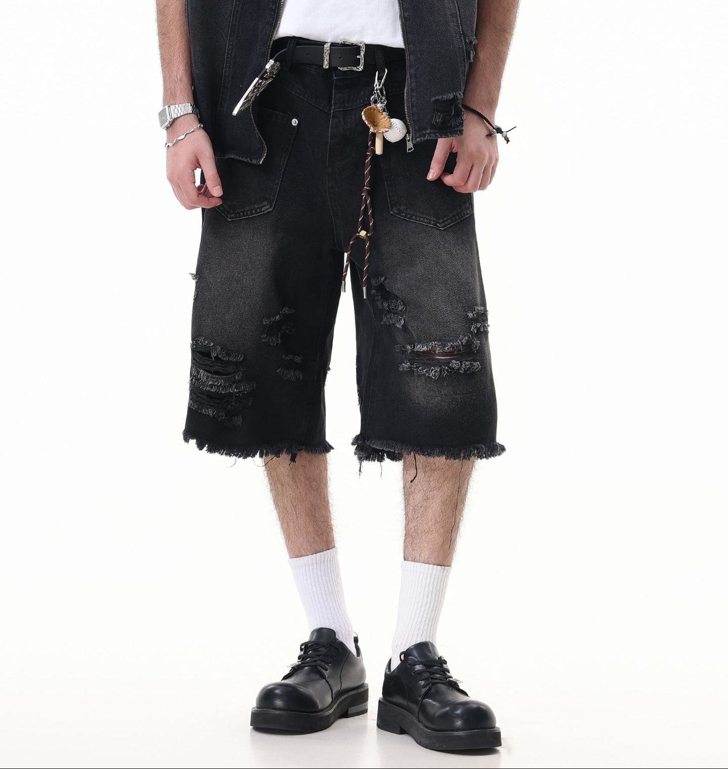 Washed Damage Wide Leg Denim Short Pants WN25596