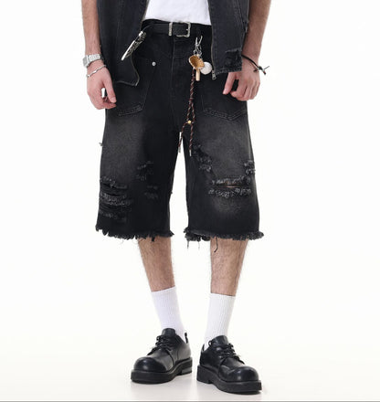 Washed Damage Wide Leg Denim Short Pants WN25596
