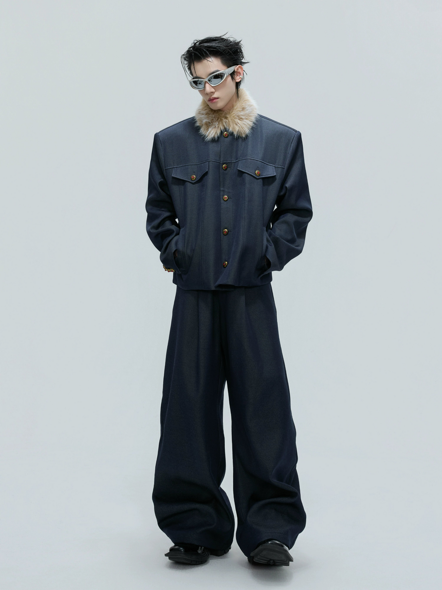 Fur Collar Gem Button Standing-Collar Short Jacket & Trousers Setup WN21733