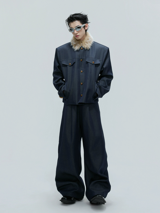 Fur Collar Gem Button Standing-Collar Short Jacket & Trousers Setup WN21733