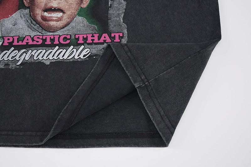 Washed Portrait Letter Print Short Sleeve T-Shirt WN25764